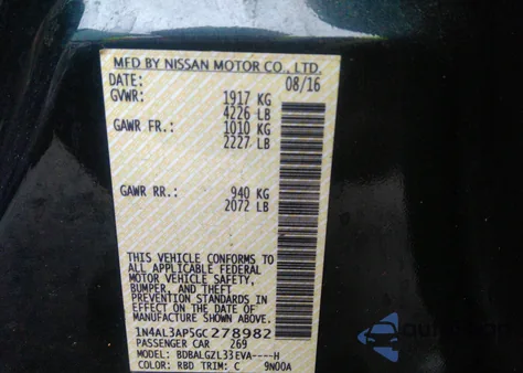 2016 Nissan Altima 2.5 S z USA, uszkodzony, nr VIN 1N4AL3AP5GC278982